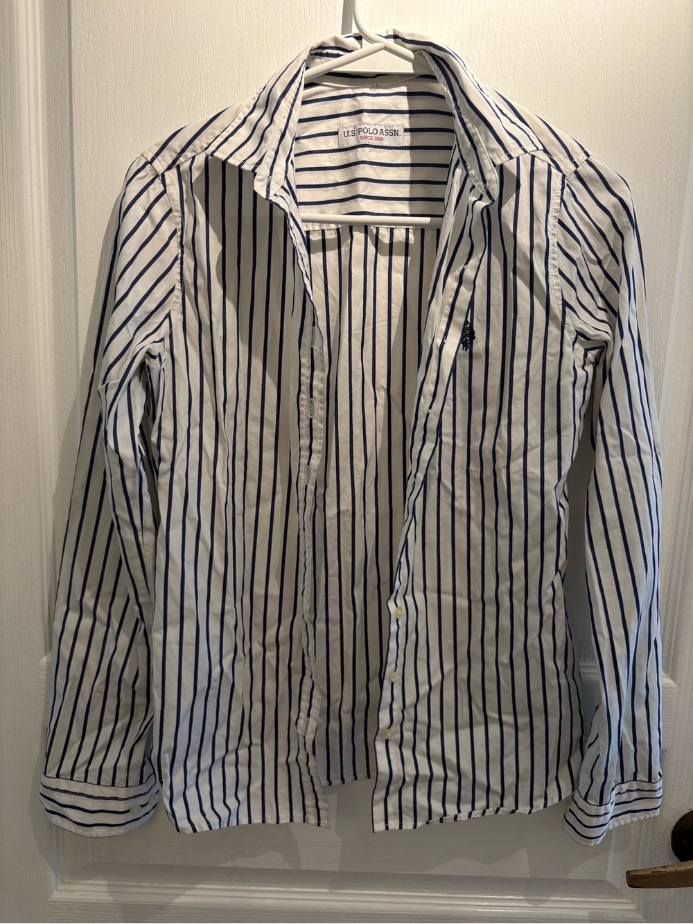U.S. Polo Assn. Women’s White Shirt with Navy Vertical Stripes